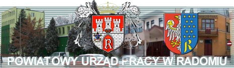 Baner przedstawia herb Radomia oraz herb powiatu radomskiego na tle budynków Urzędu Pracy w Radomiu, Iłży i Przytyku